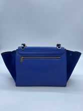 Load image into Gallery viewer, Gently used Celine Blue Medium Trapeze Bag featuring rolled leather top handle and removable long shoulder strap. Bright blue leather and Suede, Gold-tone Hardware