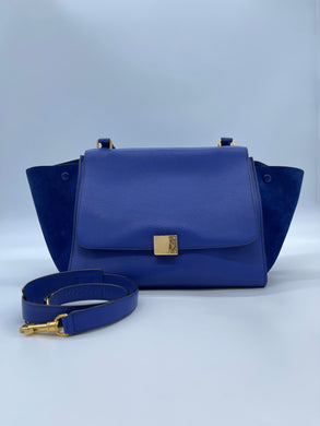 Gently used Celine Blue Medium Trapeze Bag featuring rolled leather top handle and removable long shoulder strap. Bright blue leather and Suede, Gold-tone Hardware