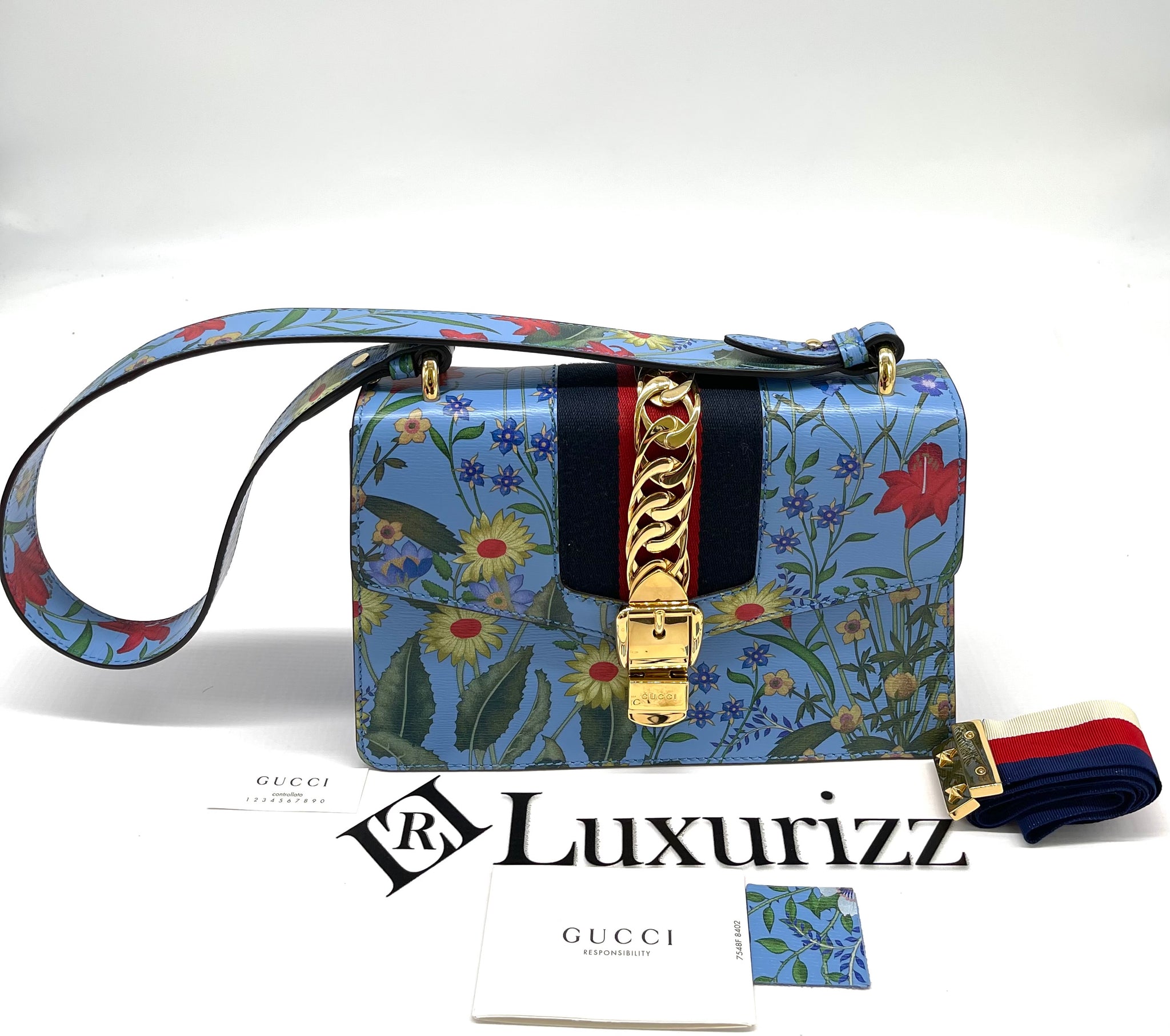 Gucci Blue Leather Floral Print Sylvie Small Shoulder Bag at