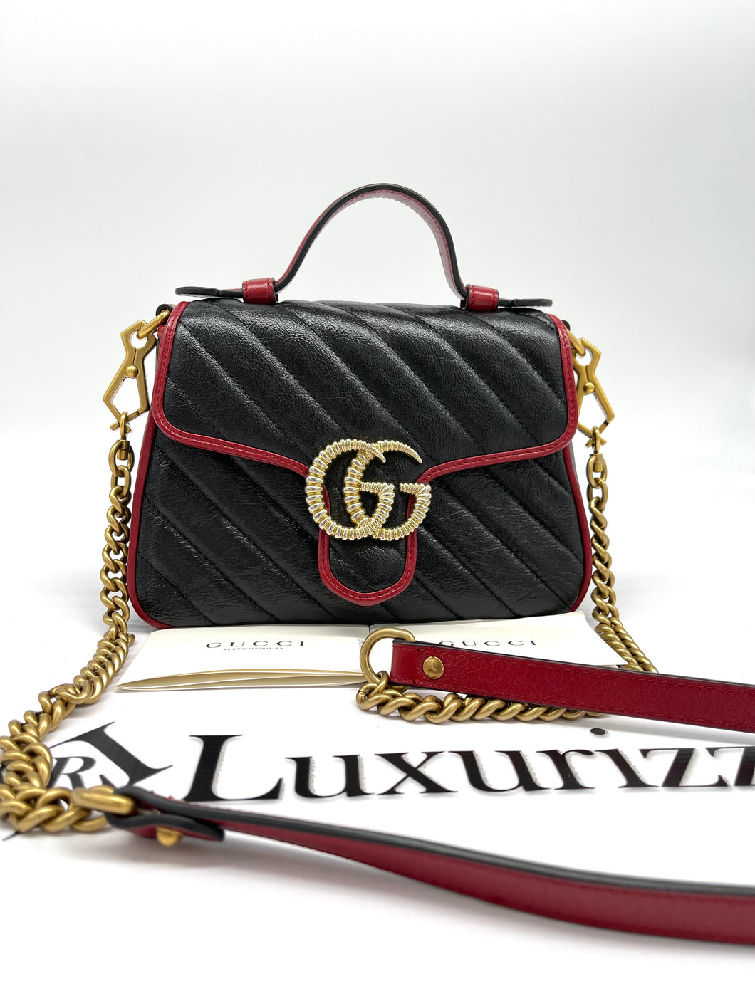 Gucci Black/Red Quilted Leather Marmont Mini Torchon Top Handle Crossbody Bag