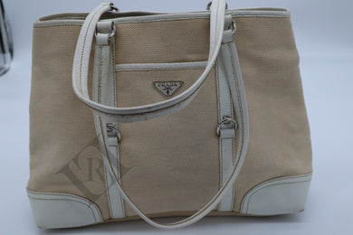 Prada Woven Canvas Leather Tote Bag