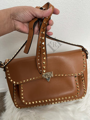 Valentino Brown Leather Rockstud Pocket Flap Shoulder/Crossbody Bag